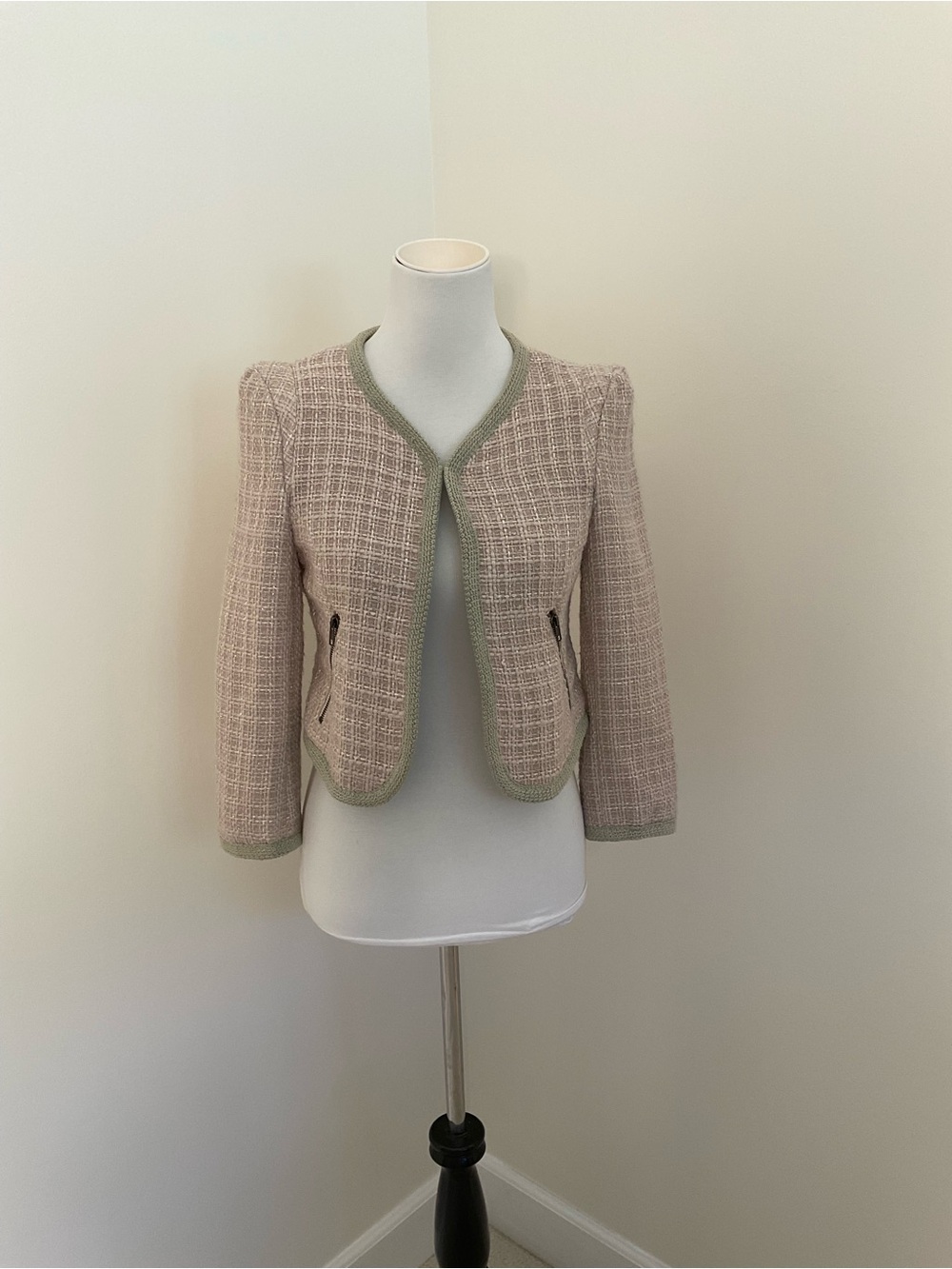 Papaya Blush Pink Tweed Cropped Jacket with Sage Crochet Trim